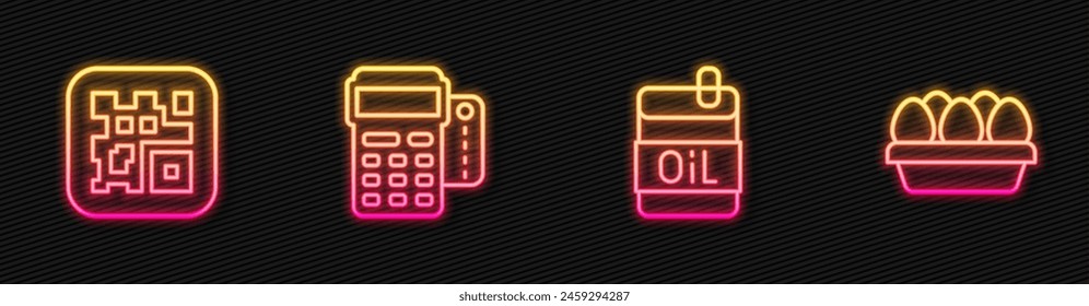 Set line Bottle of olive oil, QR code, POS terminal with credit card and Chicken egg box. Glowing neon icon. Vector
