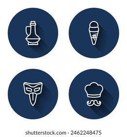 Set line Bottle of olive oil, Ice cream in waffle, Carnival mask and Italian cook with long shadow. Blue circle button. Vector