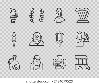 Set line Bottle of olive oil, Parthenon, Ancient bust sculpture, Socrates, amphorae, Cyclops, Broken and Zeus icon. Vector