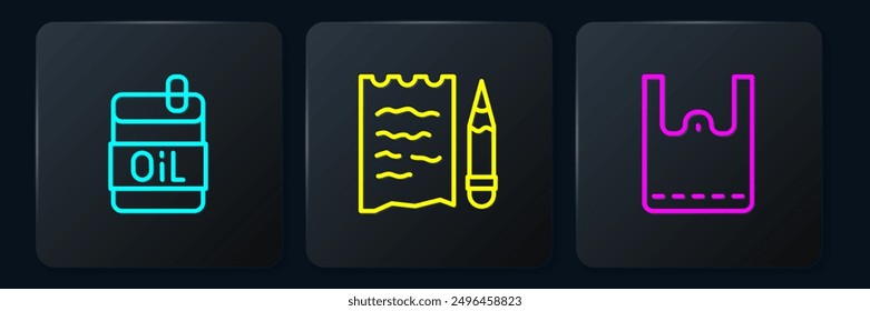 Set line Bottle of olive oil, Paper shopping bag and Shopping list and pencil. Black square button. Vector