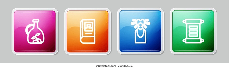 Set line Bottle of olive oil, Greek history book, Medusa Gorgon and Decree, parchment, scroll. Colorful square button. Vector