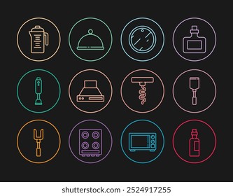 Set line Bottle of olive oil, Spatula, Cutting board, Kitchen extractor fan, Blender, Teapot, Wine corkscrew and Covered with tray icon. Vector