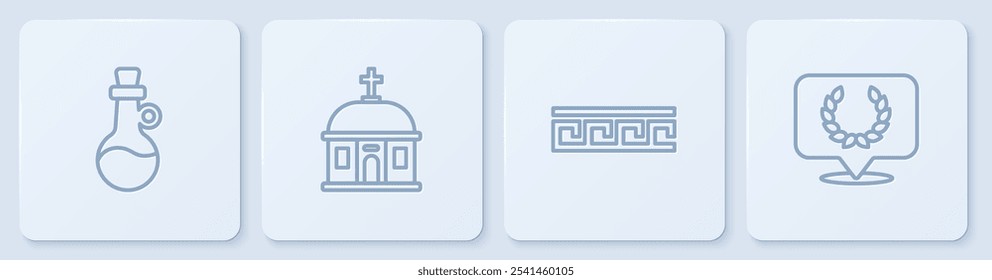 Set line Bottle of olive oil, Ancient Greek pattern, Santorini building and Laurel wreath. White square button. Vector