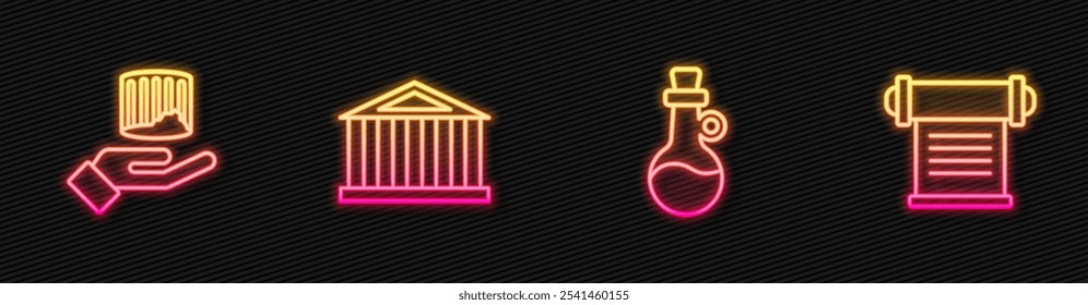 Set line Bottle of olive oil, Ancient column, Parthenon and Decree, parchment, scroll. Glowing neon icon. Vector