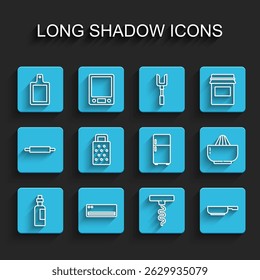 Set line Bottle of olive oil, Air conditioner, Cutting board, Wine corkscrew, Frying pan, Grater, Citrus fruit juicer and Refrigerator icon. Vector