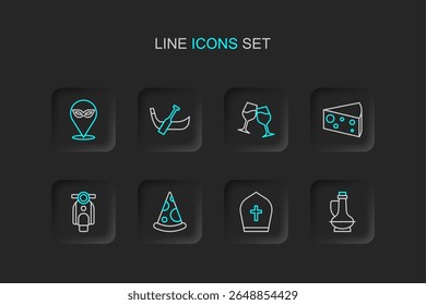 Set line Garrafa de azeite, chapéu de papa, pizza de fatia, Scooter, queijo, copo de vinho, barco de gôndola e ícone de máscara de carnaval. Vetor