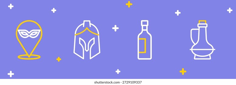 Set Linie Flasche Olivenöl, Wein, römischer Armeehelm und Karnevalsmaske Symbol. Vektorgrafik
