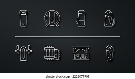 Set line Bottle opener, Beer tap, Wooden beer mug, Street signboard with Pub, barrel, Glass of and  icon. Vector