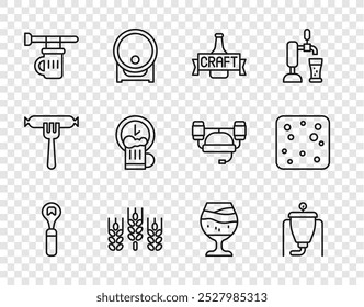 Abrebotellas, proceso de elaboración de cerveza, botella, trigo, letrero con vidrio de cerveza, hora feliz, vidrio y burbujas icono. Vector