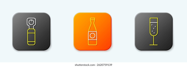Set line Bottle opener, Beer bottle and Glass of champagne icon. Vector