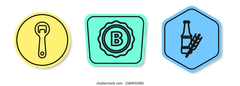 Set line Bottle opener, Bottle cap with inscription beer and Beer bottle. Colored shapes. Vector