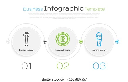 Set line Bottle opener, Bottle cap with inscription beer and Glass of beer. Business infographic template. Vector