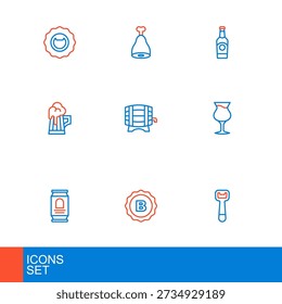 Set line Bottle opener, cap, Beer can, Glass of beer, Wooden mug, barrel on rack, bottle and Chicken leg icon. Vector