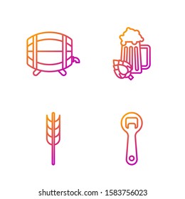 Set line Bottle opener, Cereals set with rice, wheat, corn, oats, rye, barley, Wooden barrel on rack with stopcock and Glass of beer and hop. Gradient color icons. Vector