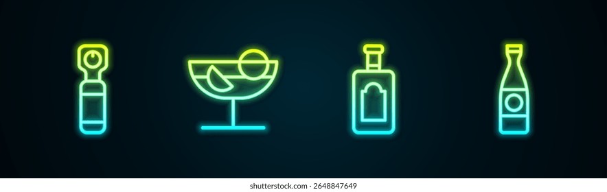 Set line Bottle opener, Cocktail, Whiskey bottle and Beer. Glowing neon icon. Vector