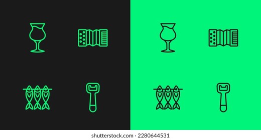 Set line Bottle opener, Dried fish, Glass of beer and Accordion icon. Vector