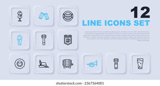 Set line Bottle opener, Glass of beer, Trumpet, Oktoberfest hat, Beer can and Wooden barrel on rack icon. Vector