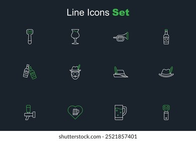 Set line Bottle opener, Glass of beer, Heart with glass, Beer tap, Oktoberfest hat, man and bottle icon. Vector