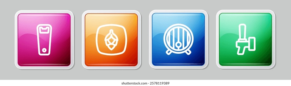 Set line Bottle opener, Hop, Wooden barrel and Beer tap. Colorful square button. Vector