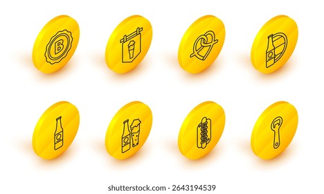Set line Bottle opener, Hotdog sandwich with mustard, Beer bottle glass, wooden barrel, Pretzel, Street signboard of beer and cap inscription icon. Vector