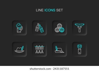 Set line Bottle opener, Oktoberfest hat, Dried fish, Sausage on the fork, Wooden barrel, Beer bottle and Glass of beer icon. Vector