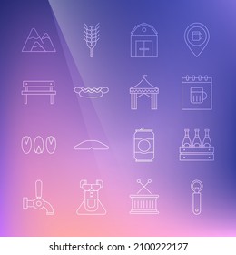 Set line Bottle opener, Pack of beer bottles, Saint Patricks day calendar, Farm House, Hotdog sandwich, Bench, Mountains and Camping tent icon. Vector