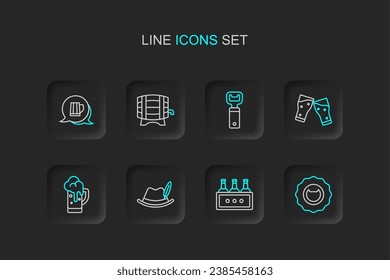 Set line Bottle opener, Pack of beer bottles, Oktoberfest hat, Glass, Wooden barrel on rack and mug icon. Vector