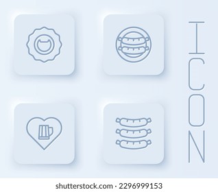 Set line Bottle opener, Sausage, Heart with glass of beer and . White square button. Vector