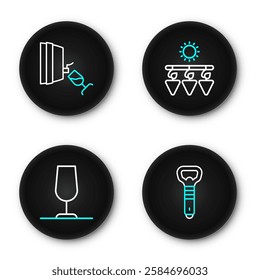 Set line Bottle opener, Wine glass, Drying grapes and tasting, degustation icon. Vector