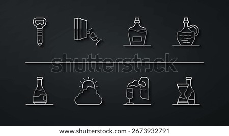 Set line Bottle opener, of wine, Wine italian fiasco bottle, Sommelier, Sun and cloud weather, tasting, degustation,  and Old icon. Vector