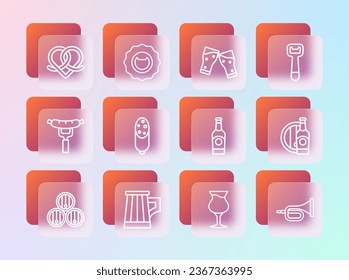 Set line Bottle opener, Wooden beer mug, Beer bottle, Glass of, Salami sausage, Pretzel and  icon. Vector