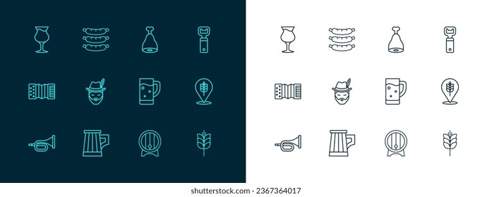 Set line Bottle opener, Wooden beer mug, Glass of, barrel on rack, Oktoberfest man, Chicken leg,  and Sausage icon. Vector