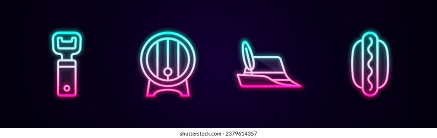 Set line Bottle opener, Wooden barrel on rack, Oktoberfest hat and Hotdog sandwich. Glowing neon icon. Vector