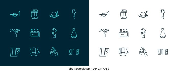 Set line Bottle opener, Wooden barrel on rack, Glass of beer, Beer bottle, Pack bottles, Oktoberfest hat, Trumpet and  icon. Vector