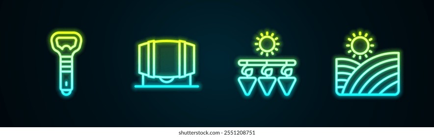 Set line Bottle opener, Wooden barrel for wine, Drying grapes and Vineyard. Glowing neon icon. Vector