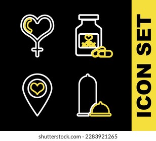 Fijar la línea Botella con píldoras para la potencia, Condones sexo seguro, Localización corazón y Género e ícono femenino. Vector