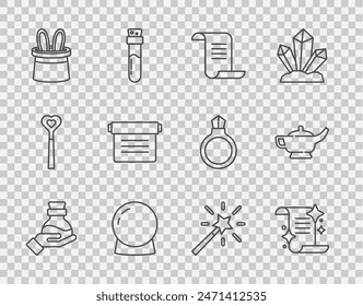 Set line Bottle with potion, Ancient magic book, Magic ball, Magician hat and rabbit ears, wand and lamp or Aladdin icon. Vector