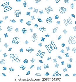 Set line Bottle with potion, Ancient magic scroll and Skull on seamless pattern. Vector