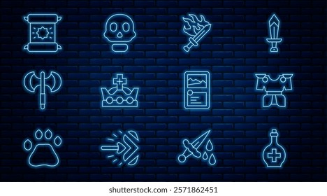Set line Bottle with potion, Body armor, Sword for game, King crown, Medieval poleaxe, Decree, parchment, scroll, Card collection and Skull icon. Vector