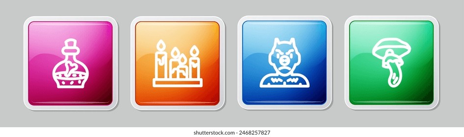 Set line Bottle with potion, Burning candle, Krampus, heck and Psilocybin mushroom. Colorful square button. Vector