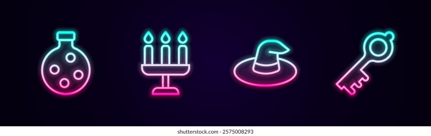 Set line Bottle with potion, Candlestick, Witch hat and Old magic key. Glowing neon icon. Vector