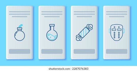 Fijar la línea Bottle con poción, Candy, Bomba lista para explotar y el icono de máscara de hockey. Vector