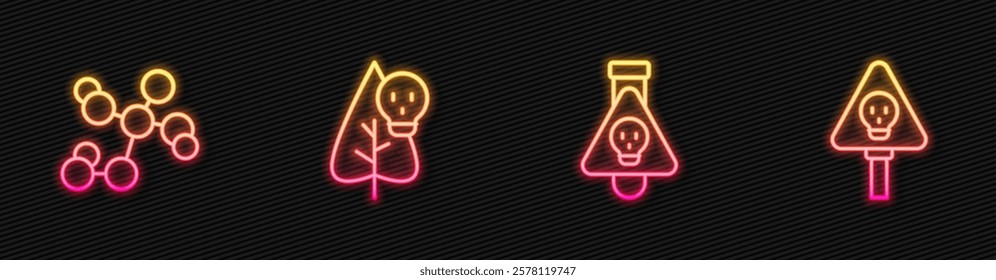 Set line Bottle with potion, Chemical formula, Poison flower and Bones and skull. Glowing neon icon. Vector