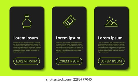 Set line Bottle with potion, Circus ticket and Magic powder. Business infographic template. Vector