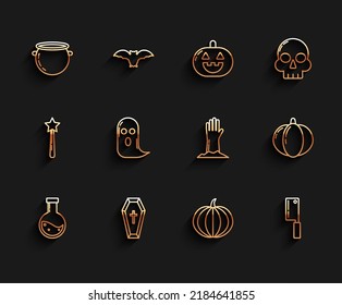 Set line Bottle with potion, Coffin christian cross, Halloween witch cauldron, Pumpkin, Meat chopper, Ghost,  and Zombie hand icon. Vector