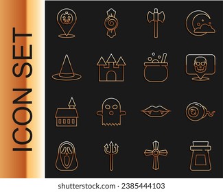 Fijar la línea Botella con poción, Ojo, Calavera, hacha de madera, Castillo, sombrero de bruja, calabaza y icono de la bruja de Halloween. Vector