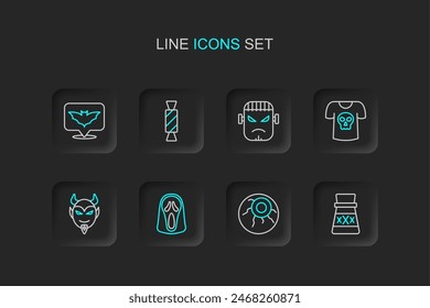 Set line Bottle with potion, Eye, Funny and scary ghost mask, Devil head, Shirt skull, Frankenstein face, Candy and Flying bat icon. Vector