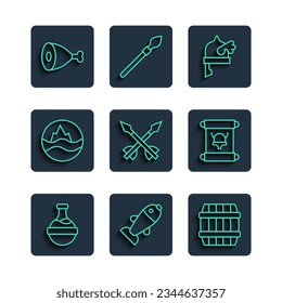 Set line Bottle with potion, Fish, Wooden barrel, Viking in horned helmet, Medieval arrows, Sea and waves, Chicken leg and Decree, parchment, scroll icon. Vector