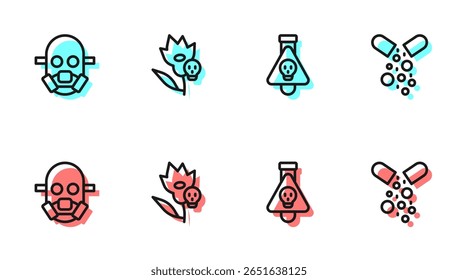 Set line Bottle with potion, Gas mask, Poison flower and Poisoned pill icon. Vector