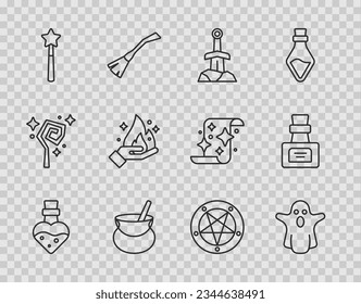 Set line Bottle with potion, Ghost, Sword in the stone, Witch cauldron, Magic wand, Hand holding fire, Pentagram circle and  icon. Vector